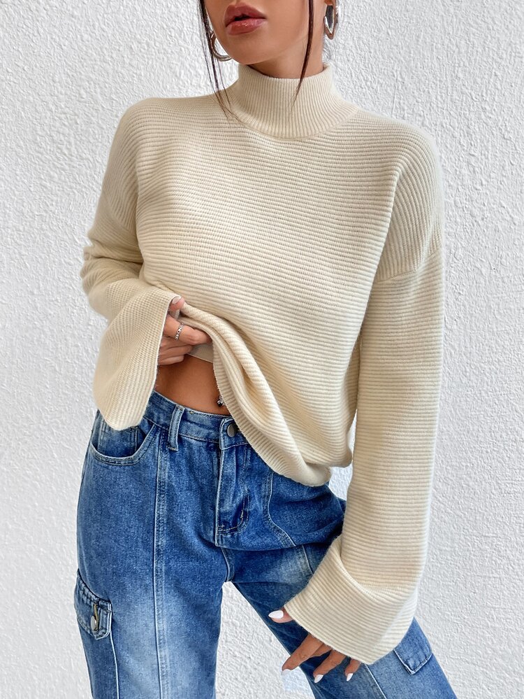 SHEIN Essnce High Neck Drop Shoulder Sweater - Beige - View 5