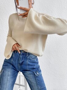 SHEIN Essnce Jersey de cuello cisne de hombros caídos - Beis - Ver 6