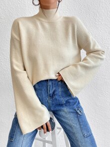 SHEIN Essnce Jersey de cuello cisne de hombros caídos - Beis - Ver 7