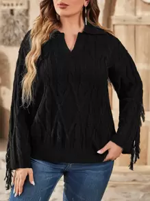 Plus Fringe Trim Drop Shoulder Cable Knit Sweater Knit Pullover Fall Winter - Black - View 1