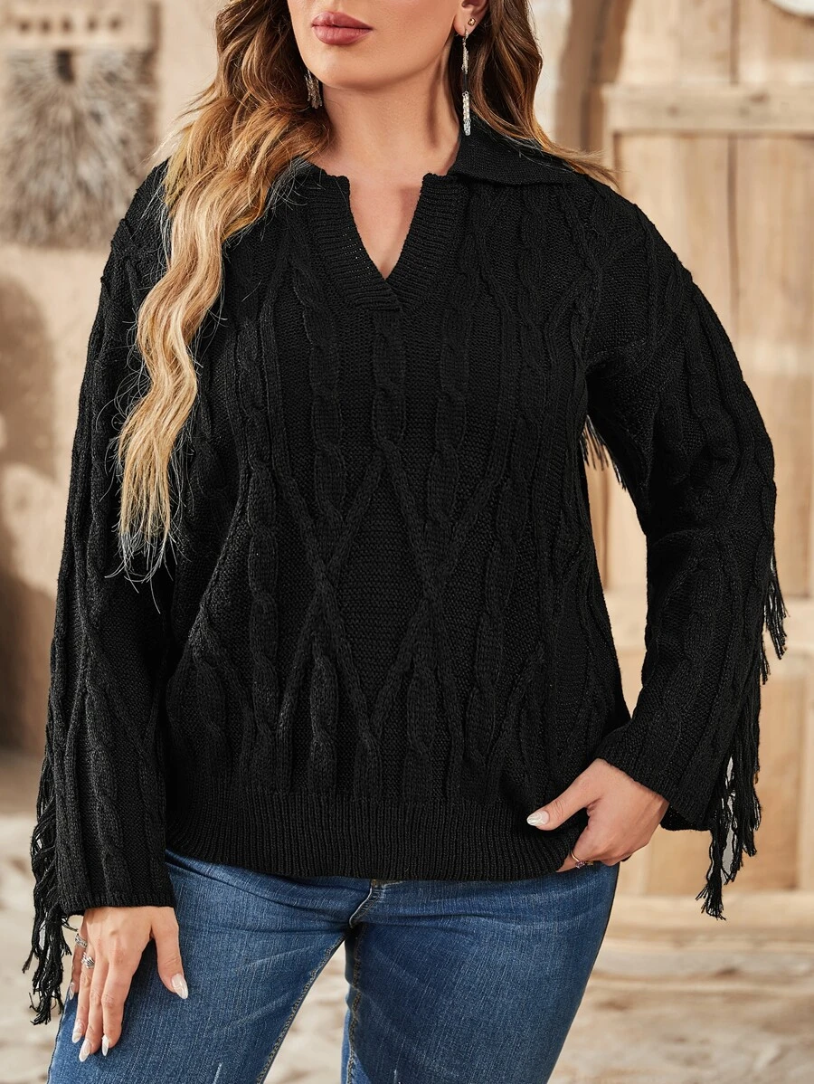 Plus Fringe Trim Drop Shoulder Cable Knit Sweater Knit Pullover Fall Winter - Black - View 1