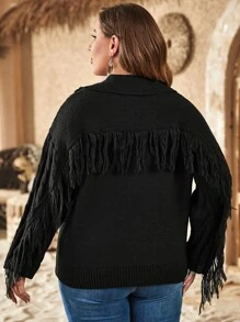 Plus Fringe Trim Drop Shoulder Cable Knit Sweater Knit Pullover Fall Winter - Black - View 2