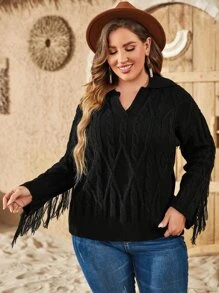 Plus Fringe Trim Drop Shoulder Cable Knit Sweater Knit Pullover Fall Winter - Black - View 3