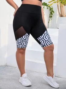 Easithlete Plus Geo Print Contrast Mesh Sports Shorts, Biker Shorts - Black - View 3