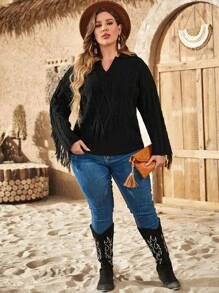 Plus Fringe Trim Drop Shoulder Cable Knit Sweater Knit Pullover Fall Winter - Black - View 4