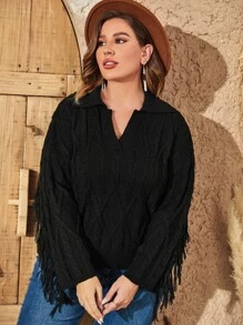 Plus Fringe Trim Drop Shoulder Cable Knit Sweater Knit Pullover Fall Winter - Black - View 5