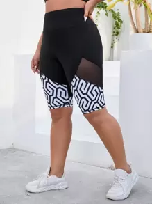 Easithlete Plus Geo Print Contrast Mesh Sports Shorts, Biker Shorts - Black - View 1