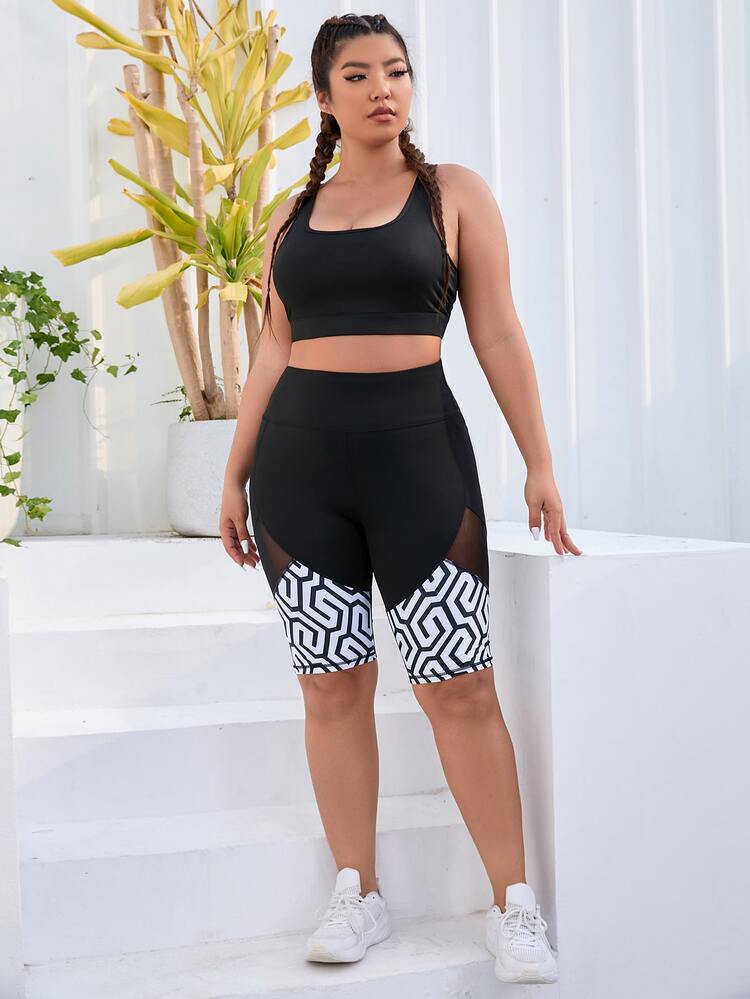 Easithlete Shorts de deporte grandes con estampado geométrico y malla contrastante, Shorts de ciclista - Negro - Añade 5