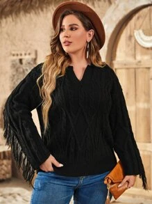 Plus Fringe Trim Drop Shoulder Cable Knit Sweater Knit Pullover Fall Winter - Black - View 7