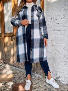 SHEIN LUNE Abrigo con estampado de cuadros de hombros caídos - Multicolor - Ver 3