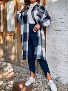 SHEIN LUNE Abrigo con estampado de cuadros de hombros caídos - Multicolor - Ver 5