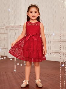 SHEIN 年輕女孩們腰帶蕾絲覆蓋洋裝 - 酒紅色 - 查看 1