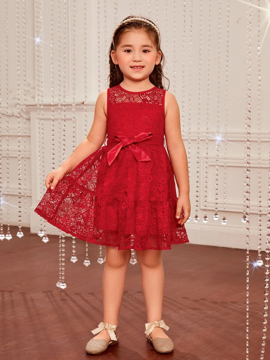 SHEIN 年輕女孩們腰帶蕾絲覆蓋洋裝 - 酒紅色 - 查看 1