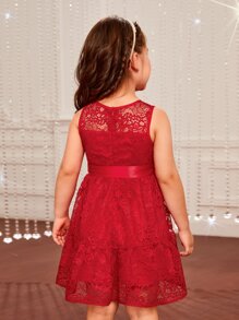 SHEIN 年輕女孩們腰帶蕾絲覆蓋洋裝 - 酒紅色 - 查看 2