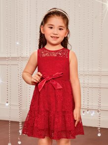 SHEIN 年輕女孩們腰帶蕾絲覆蓋洋裝 - 酒紅色 - 查看 4