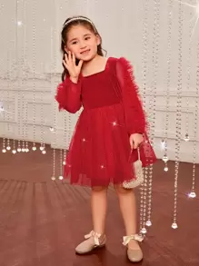 SHEIN Young Girls Contrast Dobby Mesh Ruffle Trim Party Dress - Red - View 1