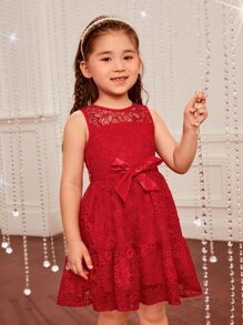 SHEIN 年輕女孩們腰帶蕾絲覆蓋洋裝 - 酒紅色 - 查看 5