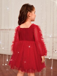 SHEIN Young Girls Contrast Dobby Mesh Ruffle Trim Party Dress - Red - View 2