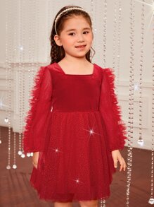 SHEIN Young Girls Contrast Dobby Mesh Ruffle Trim Party Dress - Red - View 4