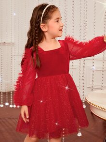 SHEIN Young Girls Contrast Dobby Mesh Ruffle Trim Party Dress - Red - View 5