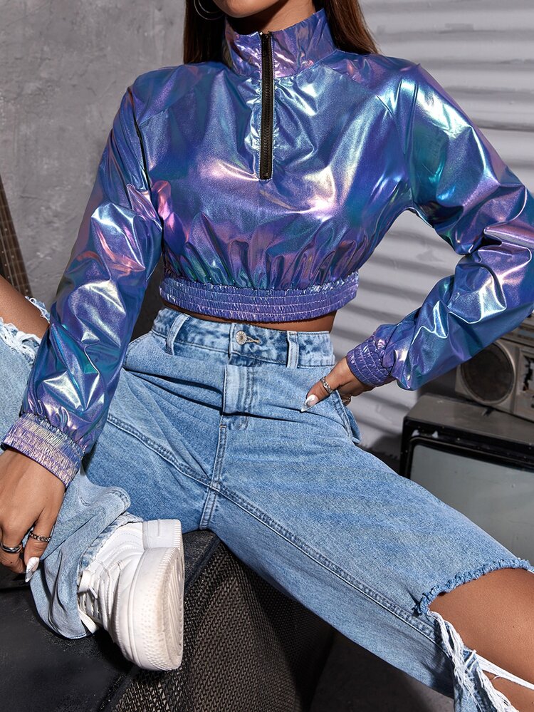 Half Zip Crop Holographic Jacket - Purple - View 5