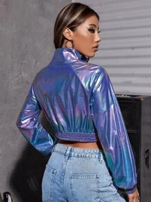 Half Zip Crop Holographic Jacket - Purple - View 2