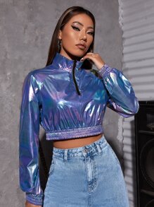 Half Zip Crop Holographic Jacket - Purple - View 4