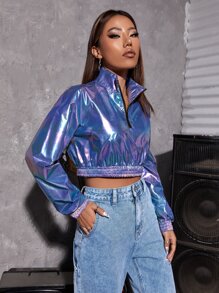 Half Zip Crop Holographic Jacket - Purple - View 6