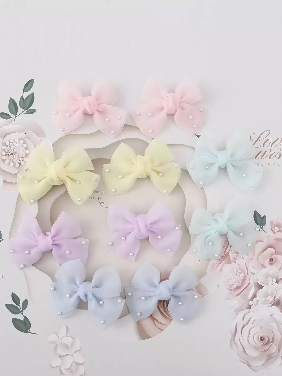 10pcs Macaron Color Mesh Bow Hair Clips, 14+ Pearls Decor Hair Barrettes, Versatile Daily Wear Hair Accessories - Multicolor - View 1
