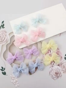 10pcs Macaron Color Mesh Bow Hair Clips, 14+ Pearls Decor Hair Barrettes, Versatile Daily Wear Hair Accessories - Multicolor - View 2