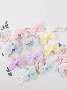 10pcs Macaron Color Mesh Bow Hair Clips, 14+ Pearls Decor Hair Barrettes, Versatile Daily Wear Hair Accessories - Multicolor - View 3