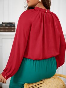 SHEIN Frenchy Plus Keyhole Back Mock Neck Blouse - Red - View 2
