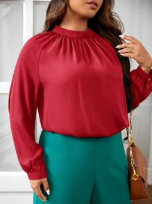 SHEIN Frenchy Plus Keyhole Back Mock Neck Blouse - Red - View 3