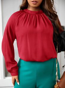 SHEIN Frenchy Plus Keyhole Back Mock Neck Blouse - Red - View 4