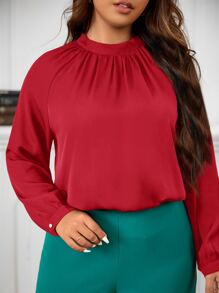 SHEIN Frenchy Plus Keyhole Back Mock Neck Blouse - Red - View 5
