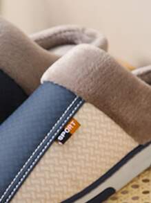 Men Colorblock Letter Patch Decor Thermal Lined Bedroom Slippers Slip On Warm Shoes - Navy Blue - View 4