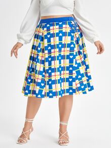 Printed Paige Plus Plaid & Heart Print Mid Length Flare Skirt - Blue - View 1