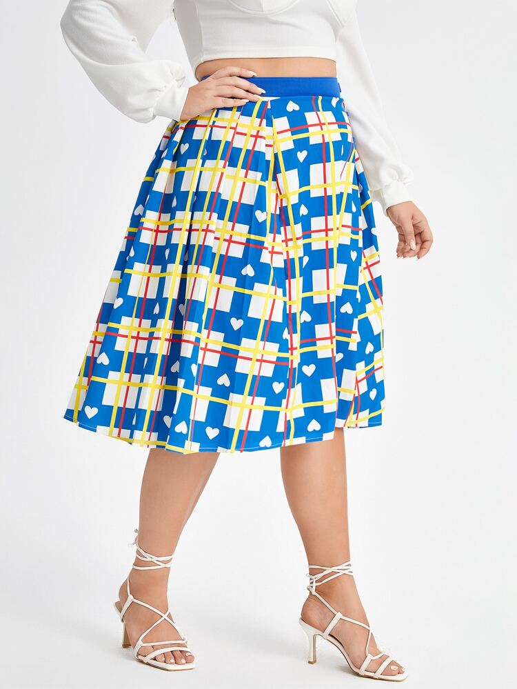 Printed Paige Plus Plaid & Heart Print Mid Length Flare Skirt - Blue - View 3