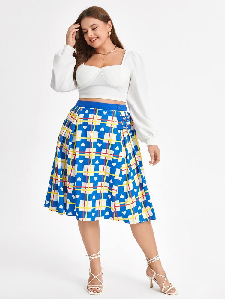 Printed Paige Plus Plaid & Heart Print Mid Length Flare Skirt - Blue - View 4
