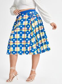 Printed Paige Plus Plaid & Heart Print Mid Length Flare Skirt - Blue - View 6