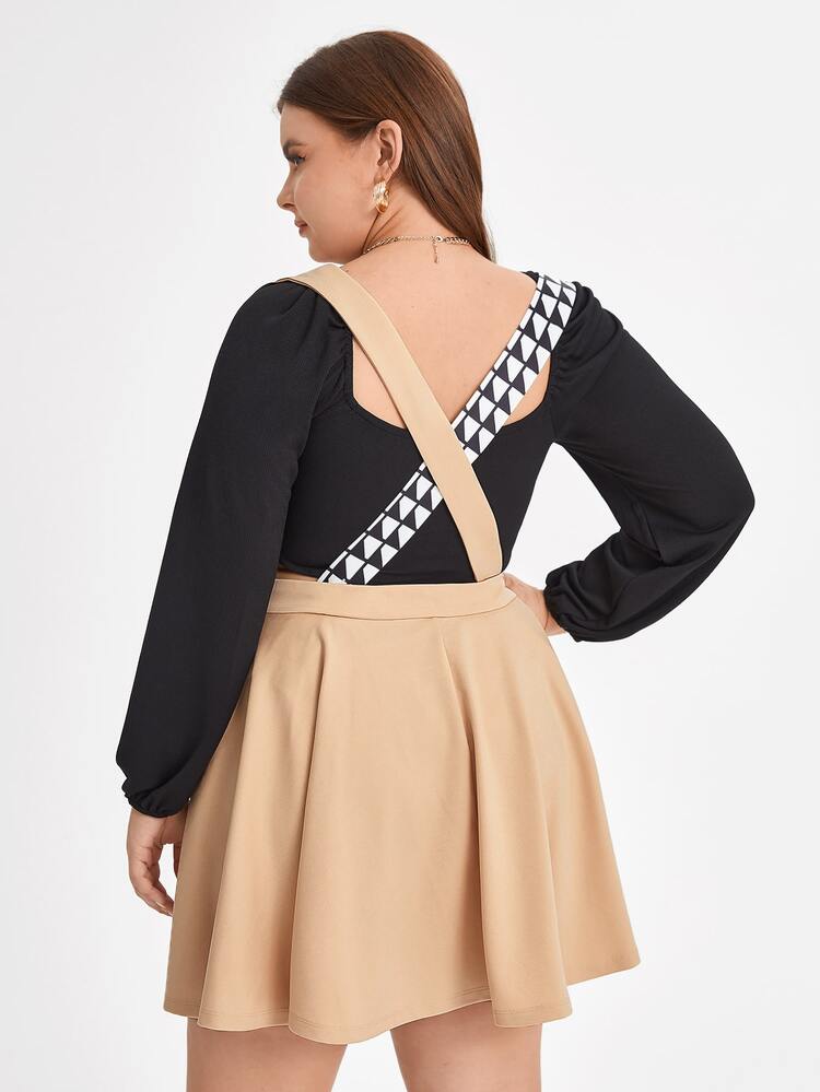 ChiChi Brewer Plus Geo Print Strap Suspender Skirt - Apricot - View 2