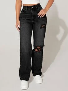 SHEIN PETITE High Waist Cut Out Ripped Frayed Straight Leg Jeans - Black - View 1