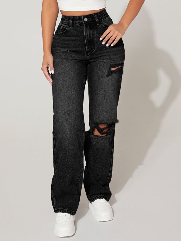 High Waist Distressed Ripped Straight Leg Jeans