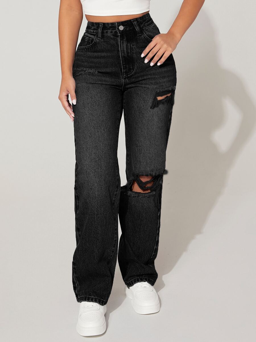 SHEIN PETITE High Waist Cut Out Ripped Frayed Straight Leg Jeans - Black - View 1