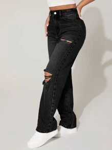 SHEIN PETITE High Waist Cut Out Ripped Frayed Straight Leg Jeans - Black - View 2