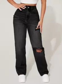 SHEIN PETITE High Waist Cut Out Ripped Frayed Straight Leg Jeans - Black - View 4
