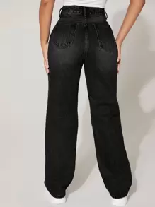 SHEIN PETITE High Waist Cut Out Ripped Frayed Straight Leg Jeans - Black - View 5