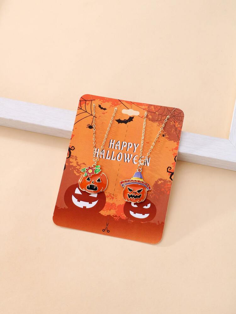 2入組女孩萬聖節南瓜吊墜項鏈 - 彩色 - 查看 4