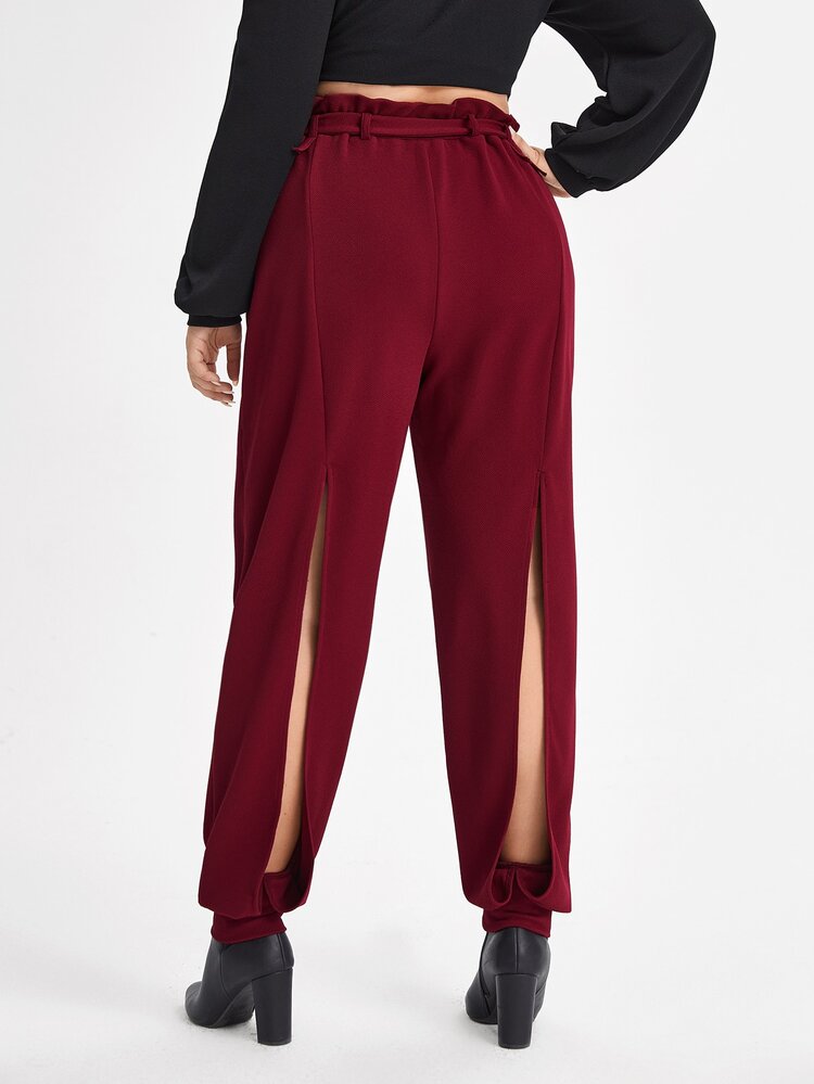 Courageous Creations Plus Paperbag Waist Belted Split Back Pants - Burgundy - View 2