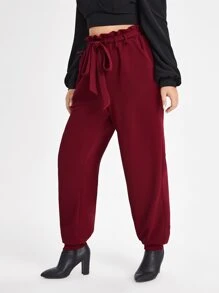 Courageous Creations Plus Paperbag Waist Belted Split Back Trousers - Burgundy - View 3